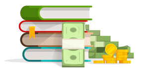Books stack with pile of cash and coins