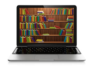 shelves of books on laptop screen