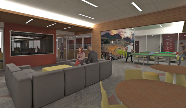 A rendering of the gaming space at the University of Colorado Boulder Williams Village East residence hall