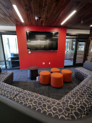 The gaming area at the University of Colorado Boulder's new Williams Village East residence hall