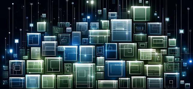 mosaic of different-sized storage boxes with glowing digital elements
