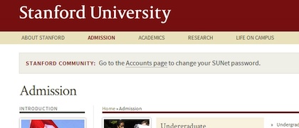 A notification on every page of Stanford's Web site warns users to change their password.