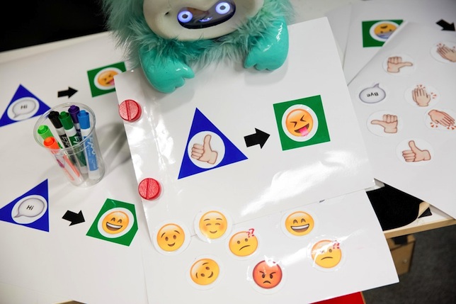 Dragonbot's programming interface uses a set of reusable vinyl stickers that represent triggers and events.