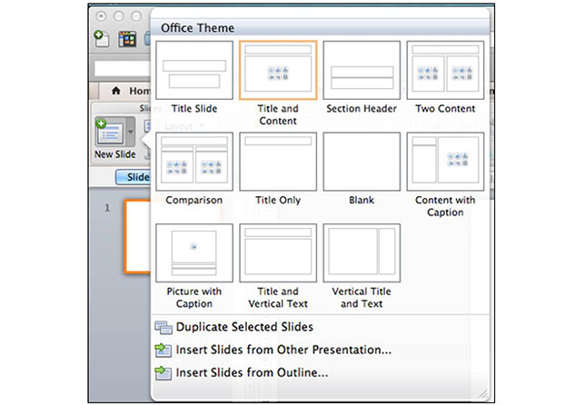 Microsoft PowerPoint 2011 slide layout options