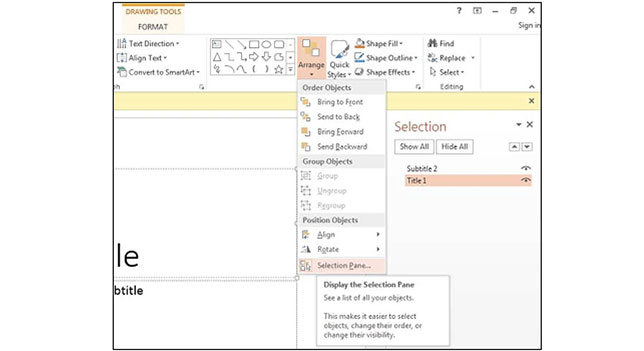 PowerPoint 2013 - Drawing Tools > Arrange > Selection Pane