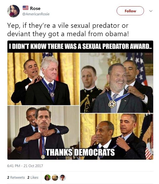 Fake photos showing President Obama awarding Anthony Weiner, Bill Cosby and Harvey Weinstein the Presidential Medal of Freedom. Source: Robhat Labs.