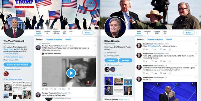 Twitter parody accounts for Mike Pence and Steve Bannon. Source: Robhat Labs.