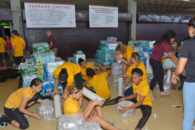 Student volunteers helped prepare relief supplies for pick-up by community organizations.