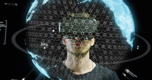 man wearing VR glasses in immersive environment
