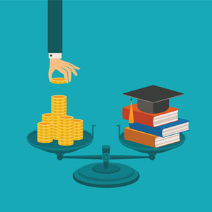 concept of investment in education with coins books and scales