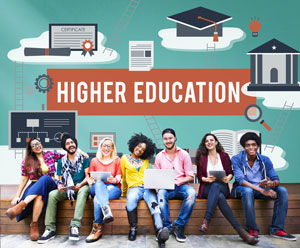group of college students sitting on bench with "higher education" text and icons in the background