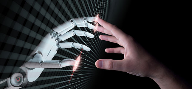 human hand touching robotic hand