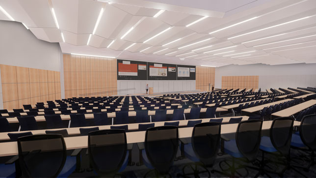 The CCCB"s unique auditorium with 572 seats provides opportunities for instructors and students to engage with each other on a large scale; student seats swivel 180-degrees enabling them to interact with those next to and behind them.