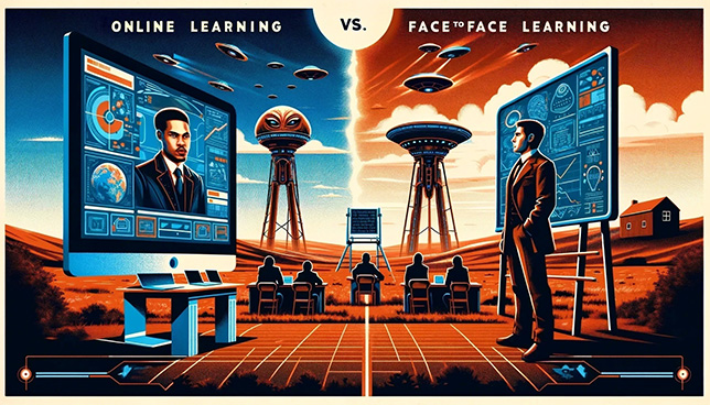 War of the Worlds-themed face-off between an online professor and face-to-face professor