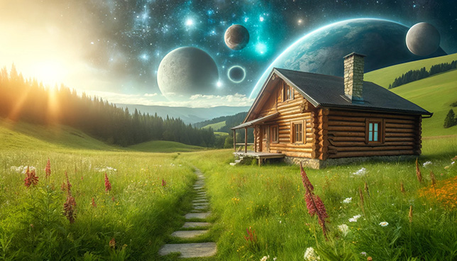 log cabin with space themed sky