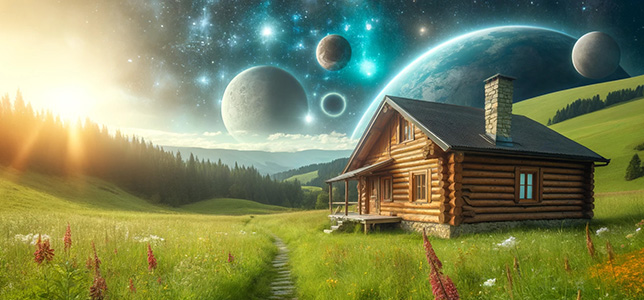 log cabin with space themed sky