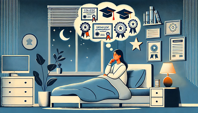 A stylized illustration of a college administrator lying awake in a cozy bed, looking thoughtful. Above their head, thought bubbles depict various certificates, badges, and credentials without any text, symbolizing achievements and goals.