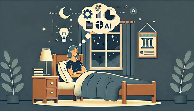 stylized illustration of a college administrator lying awake in a cozy bed, looking thoughtful