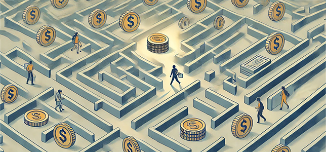 abstract illustration of a college student navigating a maze with coins
