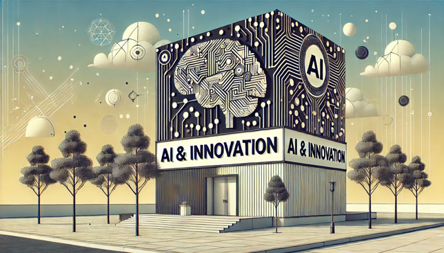 illustration of a futuristic building labeled "AI & Innovation," featuring circuit board patterns and an AI brain motif, surrounded by geometric trees and a simplified sky