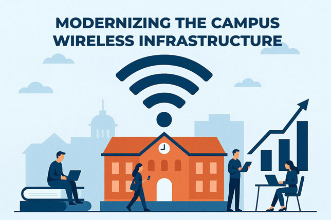 Illustration of campus building with wireless symbol