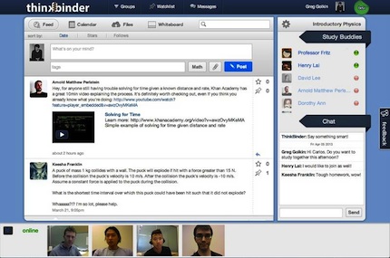 ThinkBinder is designed to encourage collaboration through shared notes and resources, text and video chat, whiteboards, calendars, and files.