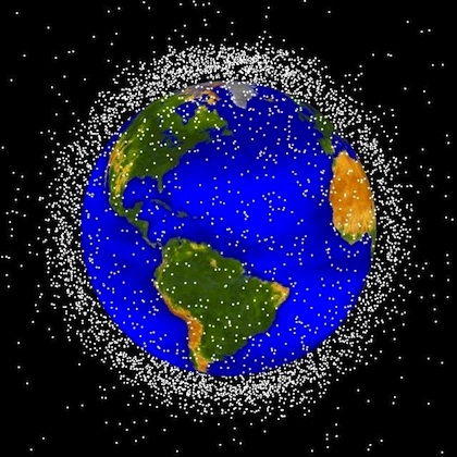 A computer-generated image of objects in Earth orbit that are currently being tracked--about 95 percent of which are orbital debris, not functional satellites.