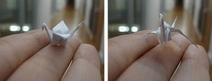  A 3-D photo editing system developed at Carnegie Mellon makes it possible to take a photo of an origami crane, left, and turn it to reveal surfaces hidden from the camera, while maintaining a realistic appearance, as seen at right. The object's shape can be changed, here enabling an animation showing the crane flapping its wings. Source: Carnegie Mellon University