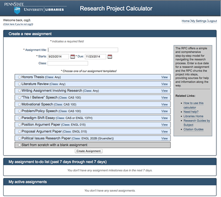 Penn State's research project calculator breaks projects into steps and sources for information and help throughout the project.