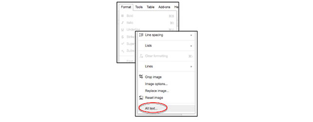 Google Docs - Format/ Alt text