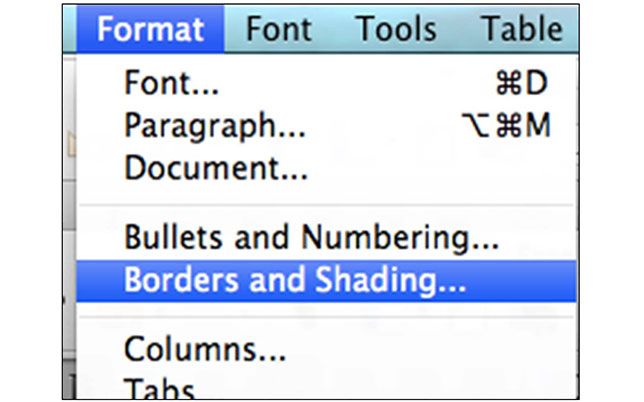 Borders and Shading Selected in Microsoft Word 2011