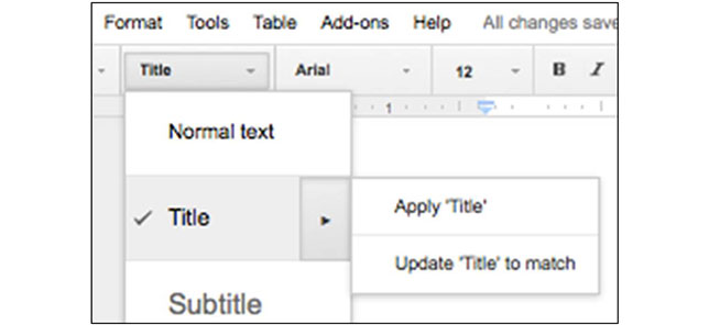 Google Docs - Heading style options/ Update heading...to match