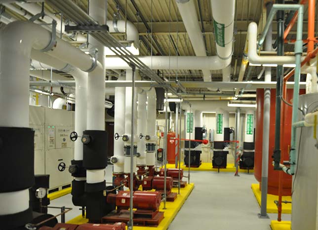 A long view of the geothermal room in Monroe County Community College's Audrey M. Warrick Student Services/Administration Building. Source: Monroe County Community College.