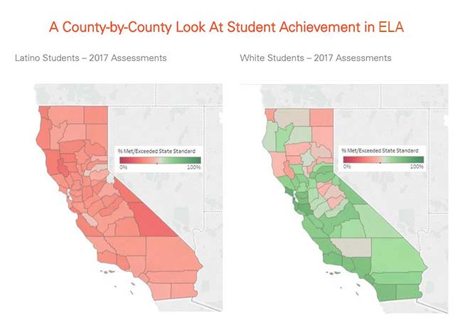 County-by-county outcomes of student achievement in ELA. Source: The Education Trust - West.