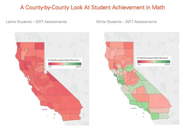 County-by-county outcomes of student achievement in math. Source: The Education Trust - West.