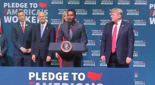David Thompson is welcomed to the stage by President Trump to share his CTE story; the 23-year-old Tampa Bay Technical High School graduate earns a "six-figure" income as a pipe welder. Source: Hillsborough Schools