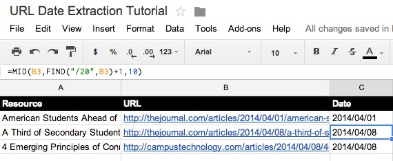  Sample Google Sheet sowing the date extracted from a URL.