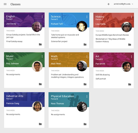 The Google Classroom home screen (prerelease) includes class cards that provide a summary of open assignments.