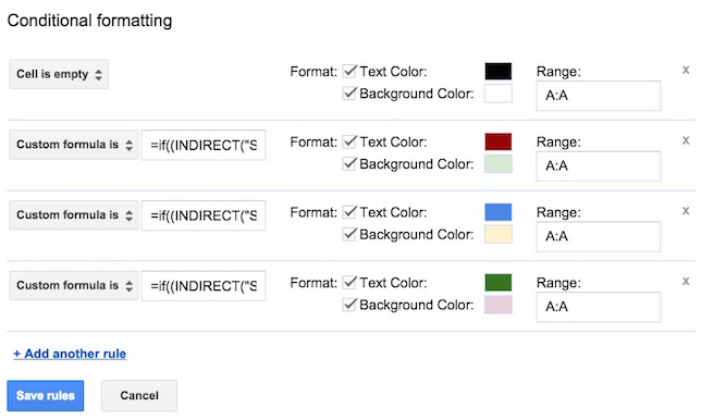 illustration of custom formula-based condtional formatting in Google Apps Google Sheets