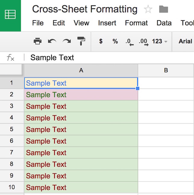 illustration of custom formula-based condtional formatting in Google Apps Google Sheets