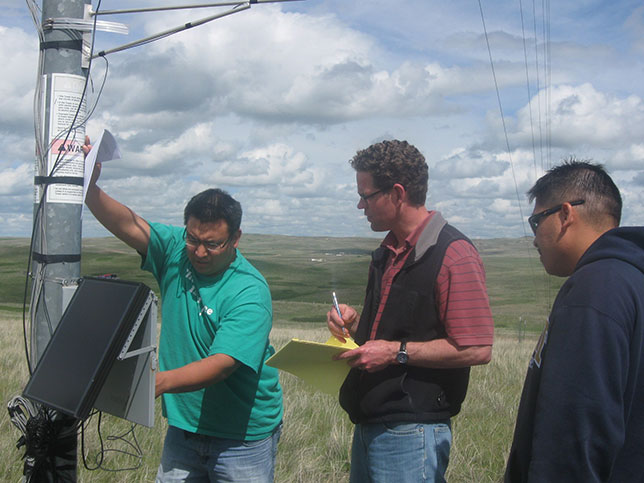 Undergraduates Lester Richard, left, and Shane Herrod, right, work with meteorological instruments, under the guidance of Damon Fick, center, a former assistant professor of civil and environmental engineering at the South Dakota School of Mines and Technology, as part of a wind energy project in May 2011. Both PEEC students began their education at Oglala Lakota College and then transferred to the South Dakota School of Mines. Herrod is now a structural engineer in Texas. (Photo courtesy of Damon Fick)