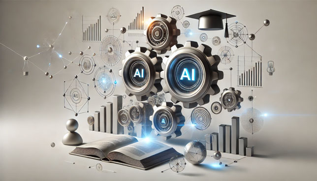 abstract composition with metallic gears, glowing AI symbols, futuristic bar graphs, interconnected networking nodes, a floating open book, and a graduation cap, set against a neutral gradient background