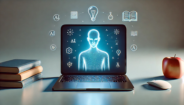 open laptop with screen depicting a glowing, holographic figure surrounded by floating symbols of knowledge like books, equations, and lightbulbs