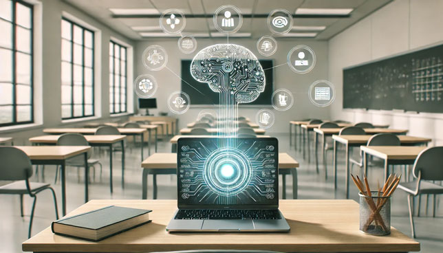 open laptop in a college classroom with holographic AI icons like a brain and data charts rising from the screen