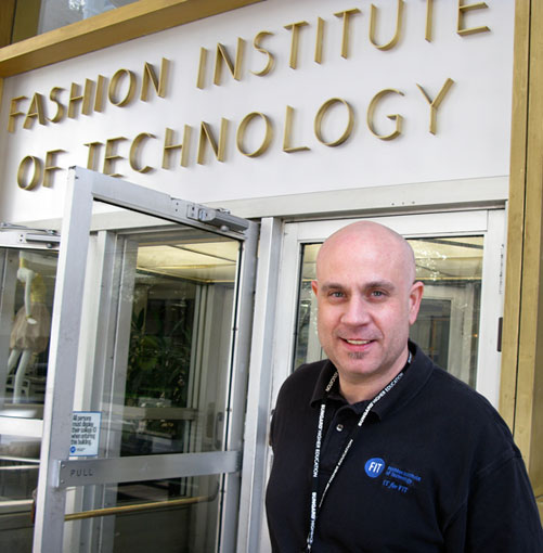Marcus in front of entrance to Fashion Institute of Technology