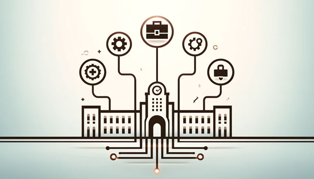 university building icon connected to three simple career symbols—a briefcase, gear, and medical cross