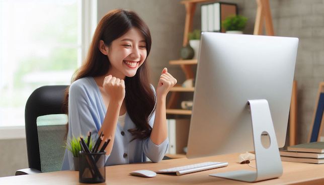 happy woman sitting in front of computer