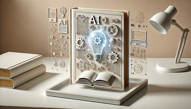 white desk with an open digital tablet showing AI-related icons like gears and neural networks