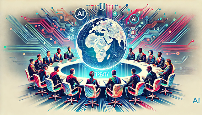 stylized illustration of a global AI treaty signing, featuring diverse human figures seated around a round table