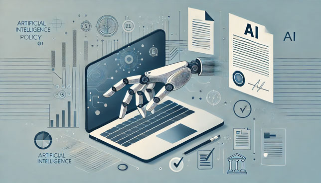 A sleek laptop with an abstract interface, with a robotic hand interacting with the screen. In the background, subtle legal document icons and compliance checkmarks add context.